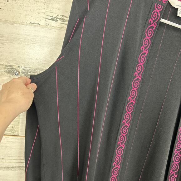 Ming Wang Size XL Black Knit Open Cardigan Jacket Satin Ruffle Trim Braided - Picture 3 of 8